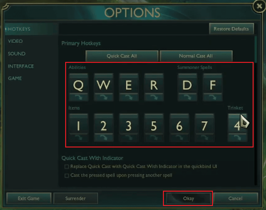 Quick Cast command - specific command - desired keys combination - Okay