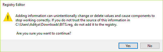 Registry Fix for BITS missing from services window, select yes to continue