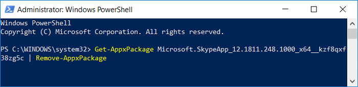 Remove Skype using the following command into powershell Get-AppxPackage PackageFullName | Remove-AppxPackage
