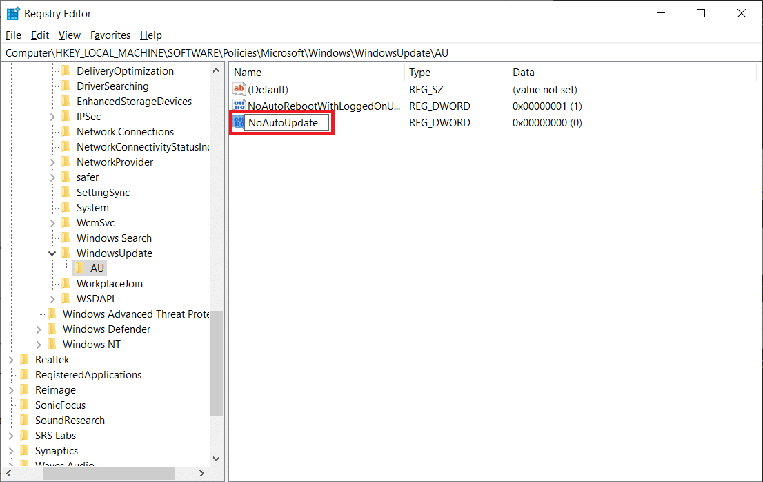 Rename the new DWORD Value as NoAutoUpdate. | Stop Automatic Updates on Windows 10