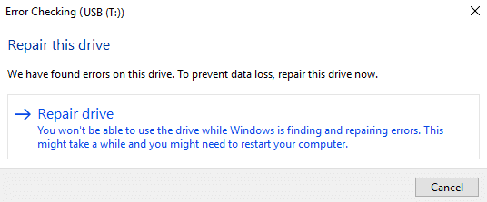 Repair this drive, We found error on this drive. To prevent data loss, repair this drive now