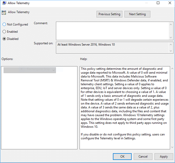 Restore default diagnostic and usage data collection setting simply select Not Configured or Disabled