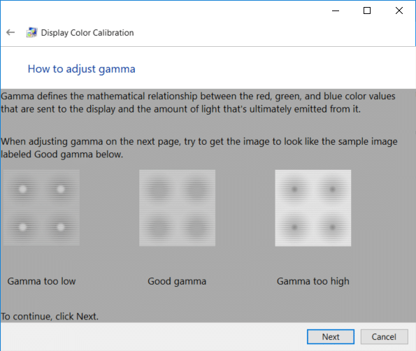 Review the gamma examples then click Next | How to Calibrate your Monitor Display Color in Windows 10