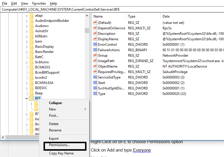 Right-Click on BFE to choose Permissions option | Fix Unable to Activate Windows Defender Firewall