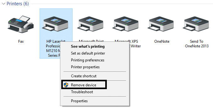 Right Click on the Printer and select Remove Printer option
