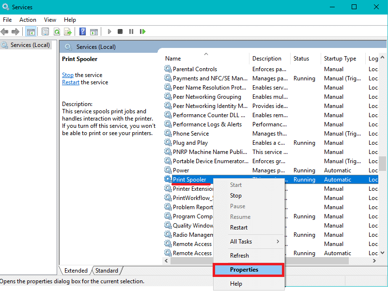 Right-click Print Spooler & choose the Properties