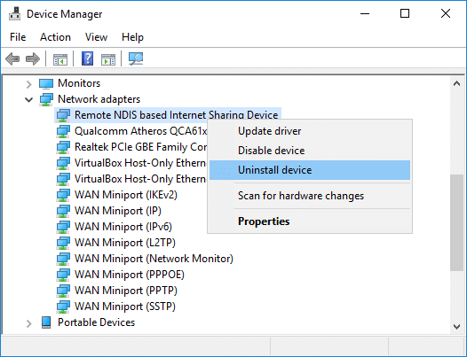 Right-click Remote NDIS based Internet Sharing Device & select Uninstall