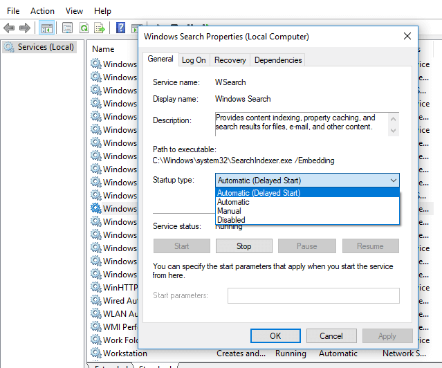 From the Startup type drop-down select Automatic under Windows Search service
