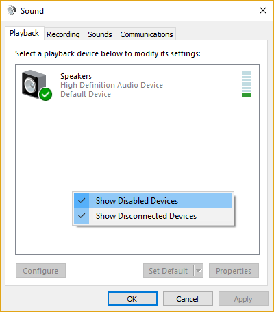 Right-click and select Show Disabled Devices inside Playback