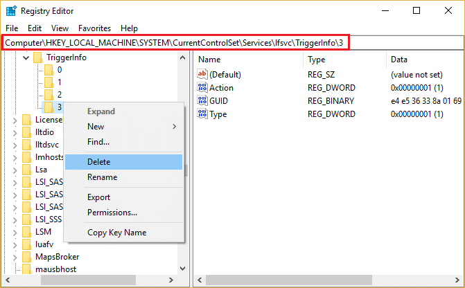 Right click on 3 sub key of TriggerInfo and select Delete