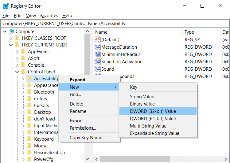 Right-click on Accessibility then select New then DWORD (32-bit) Value