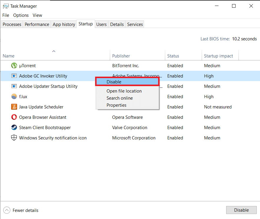 Right-click on AcroTray and then select Disable from the options menu