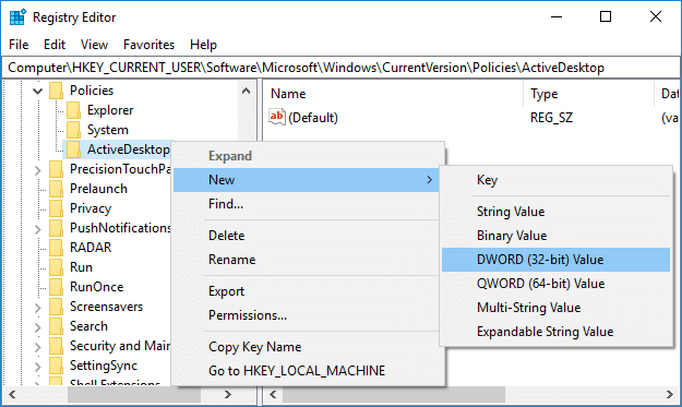 Right-click on ActiveDesktop then select New and DWORD (32-bit) value