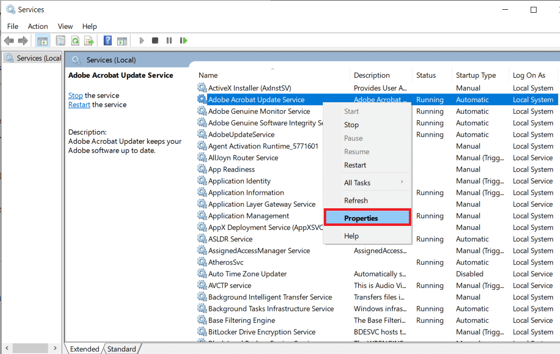 Right-click on Adobe Acrobat Update Service and select Properties | Disable Adobe AcroTray.exe at Startup