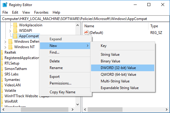 Right-click on AppCompat then select New DWORD (32-bit) Value