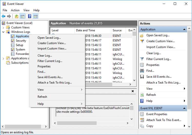 Right-click on Application log and then select Clear Log