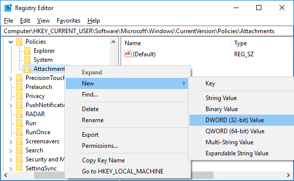 Right-click on Attachments then select New then DWORD (32-bit) Value