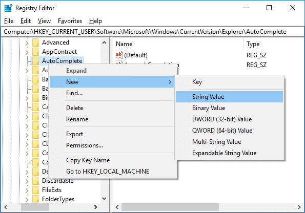Right-click on AutoComplete then select New String Value