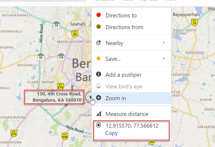 Right-click on Bing maps & you will get the co-ordinate & name of the location