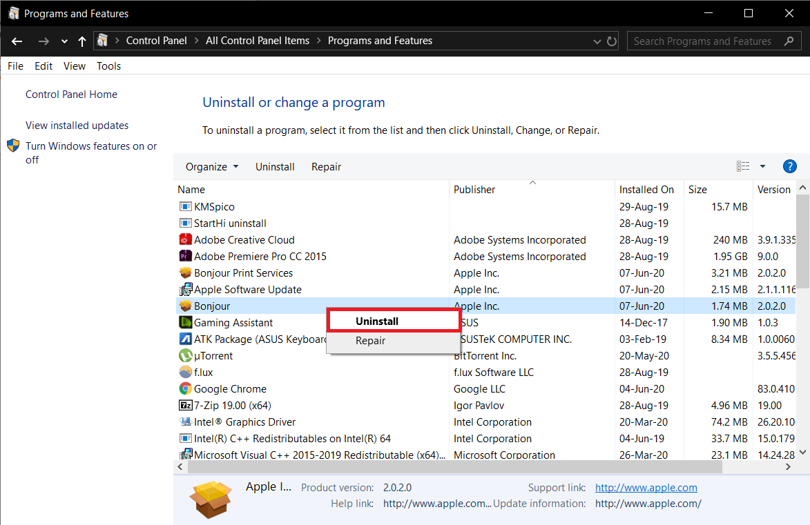 Right-click on Bonjour and then select Uninstall | What is Bonjour Service on Windows 10?