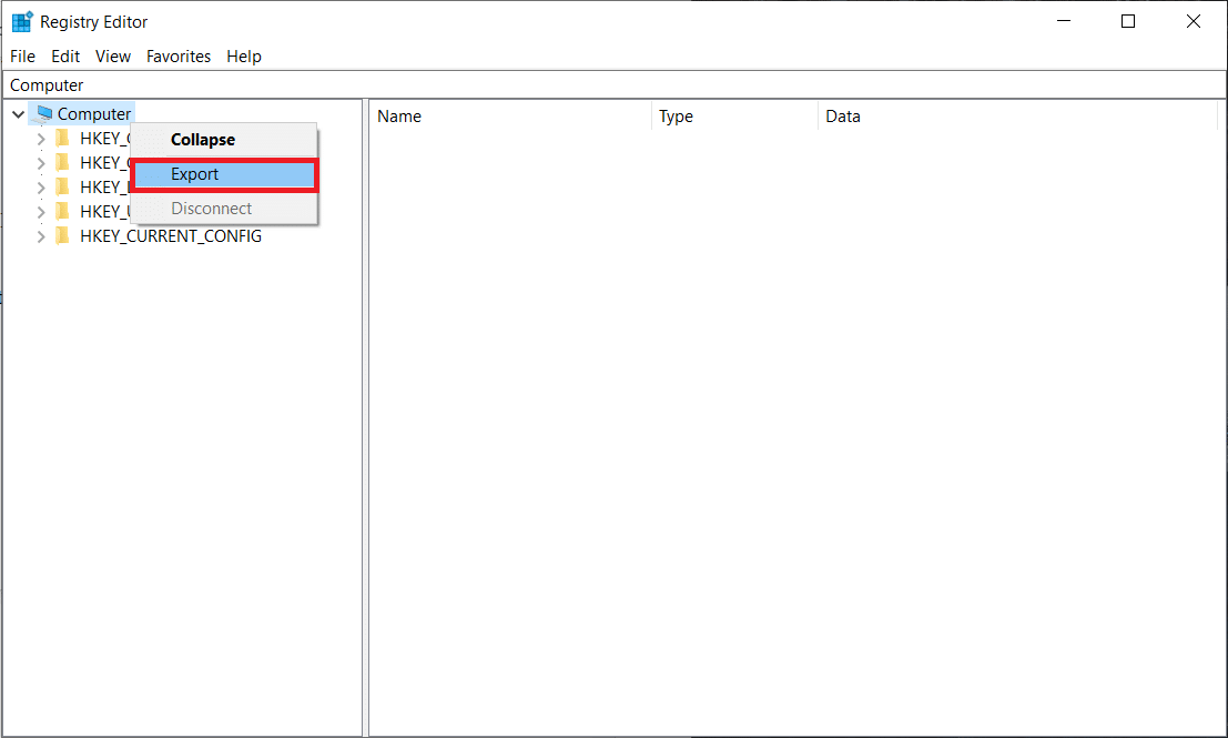 Right-click on Computer in the left pane and select Export. | Fix Corrupted Registry in Windows 10