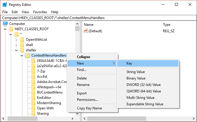 Right-click on ContextMenuHandlers and select New then click on Key | Fix Missing Open With Option From Right-click Context Menu