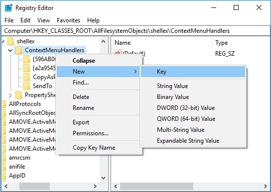 Right-click on ContextMenuHandlers then select New and then Key