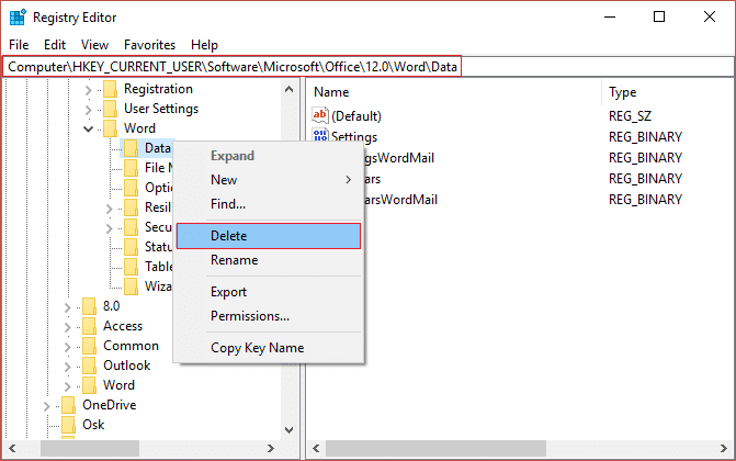 Right-click on Data key listed under word or excel and select Delete