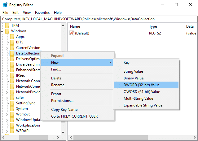 Right-click on DataCollection then select New DWORD (32-bit) Value