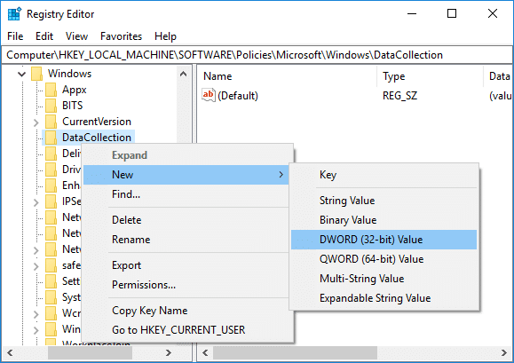 Right-click on DataCollection then select New then DWORD (32-bit) Value