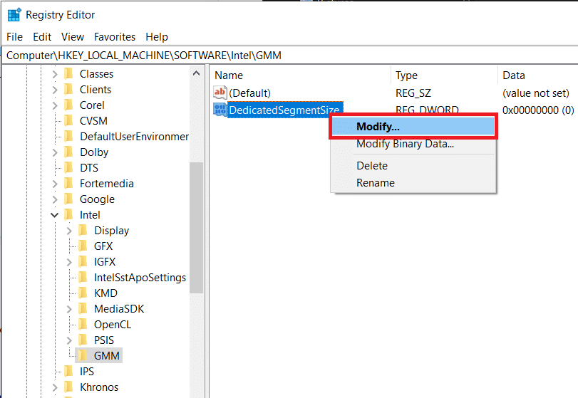 Right-click on DedicatedSegmentSize and select Modify to edit the DWORD value