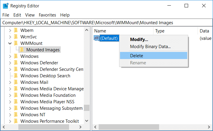 Щелкните правой кнопкой мыши раздел реестра по умолчанию и выберите «Удалить» в редакторе реестра подключенного образа.
