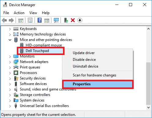 Right-click on Dell Touchpad and select Properties | Fix Dell Touchpad Not Working