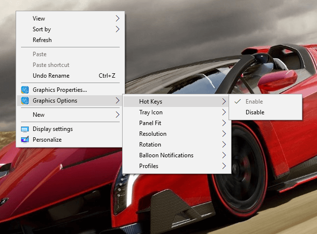 Right-click on Desktop then choose Graphics Options & select Hot Keys then make sure enable in chosen