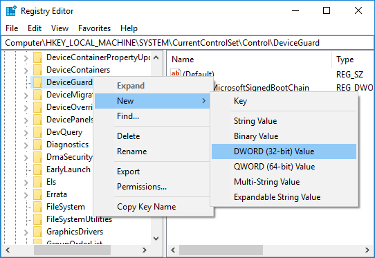 Right-click on DeviceGuard then select New DWORD (32-bit) Value