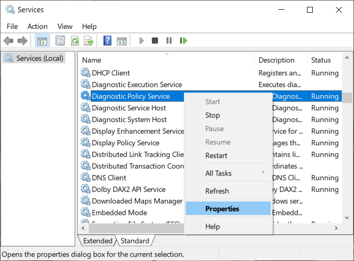 Right-click on Diagnostics Policy Service & select Properties
