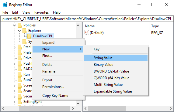 Right-click on DisallowCPL key then select New and String Value