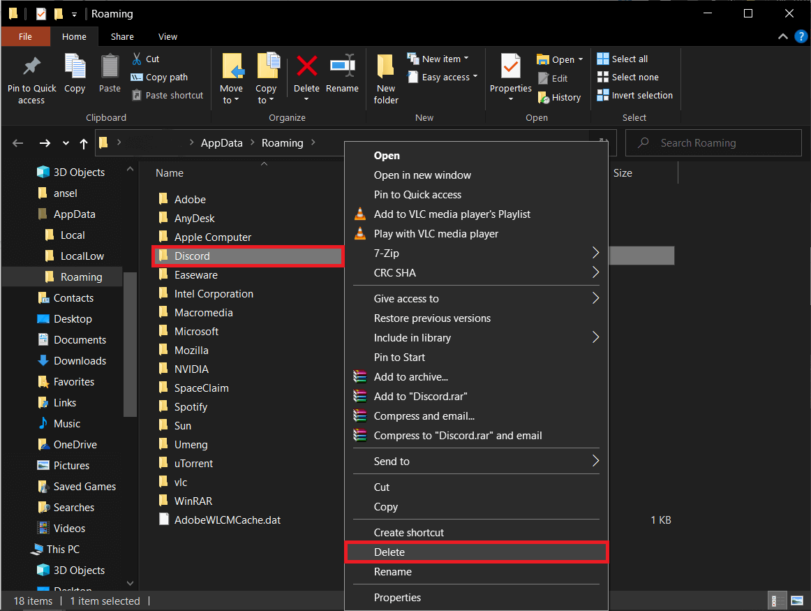 Right-click on Discord’s subfolder. Select Delete from the options menu