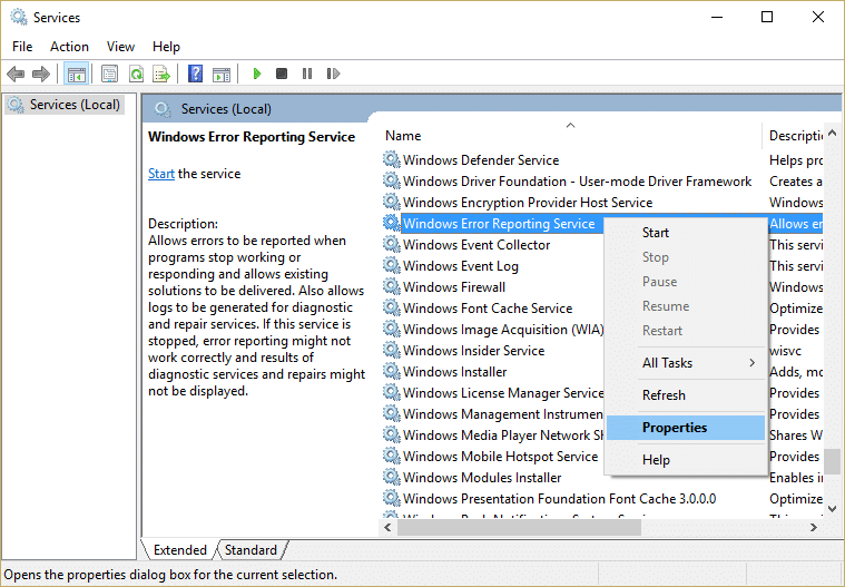 Right-click on Error Reporting Service and select Properties