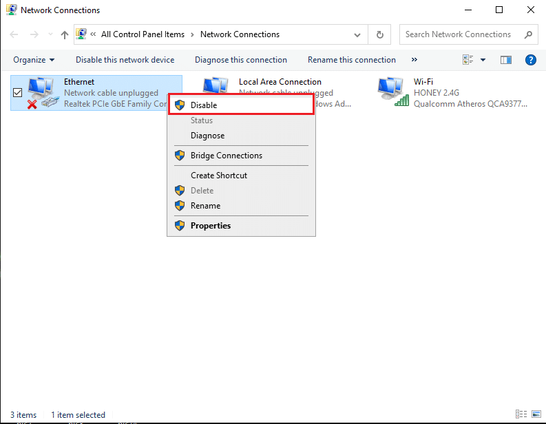 Right-click on Ethernet and select Disable | Fix Media Disconnected Error Message on Windows 10