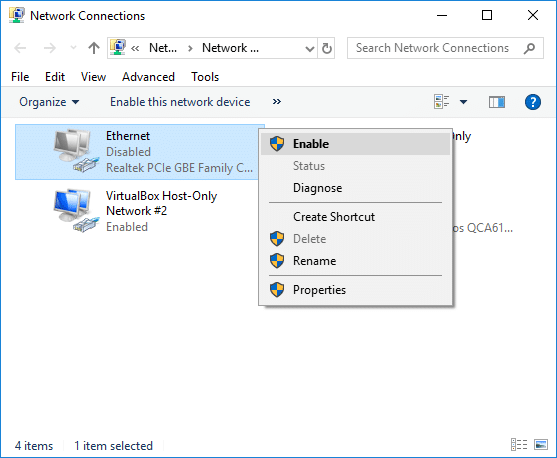 Right-click on Ethernet connection and select Enable