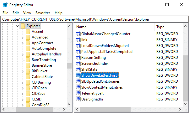 Right-click on Explorer then create a new DWORD with name ShowDriveLettersFirst