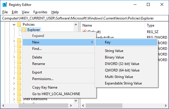 Right-click on Explorer then select New Key and name it as DisallowCPL