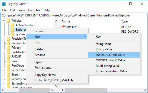Right-click on Explorer then select New and DWORD (32-bit value)