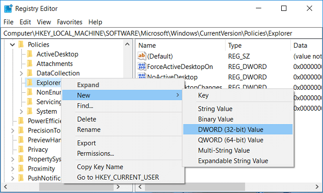Right-click on Explorer then select New and click on DWORD (32-bit) Value