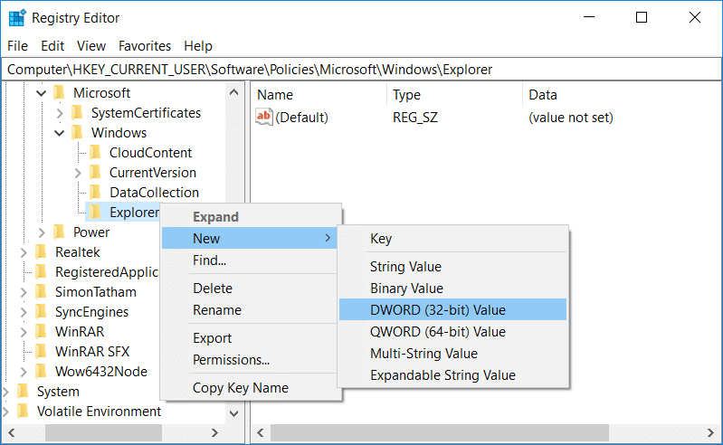 Right-click on Explorer then select New and then DWORD 32-bit value