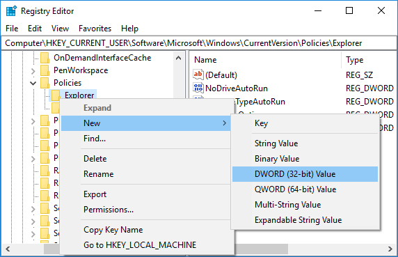 Right-click on Explorer under Policies then select New & DWORD (32-bit) value