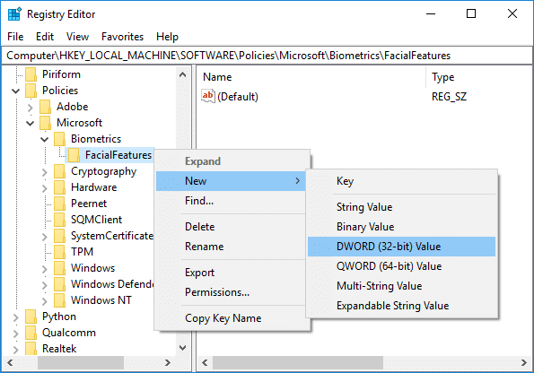 Right-click on FacialFeatures then select New then click DWORD (32-bit) Value