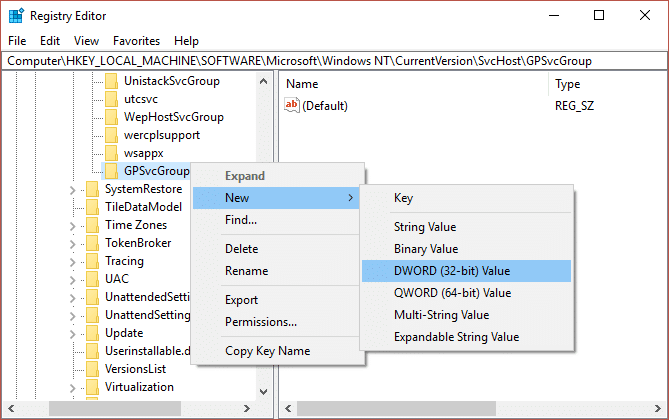 Right-click on GPSvcGroup and select New and then DWORD (32-bit) value