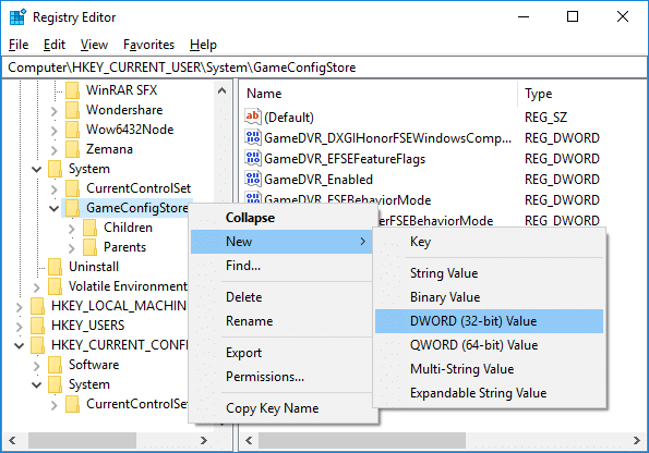 Right-click on GameConfigStore then select New then DWORD (32-bit) Value